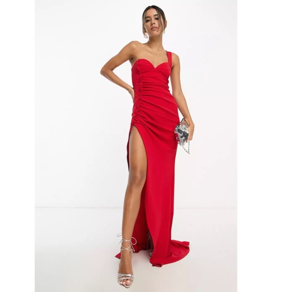 NEW ASOS DESIGN Red ONE SHOULDER Ruched SIDE BUTTON Maxi Dress GOWN US 4 (fit 2) - Picture 9 of 16